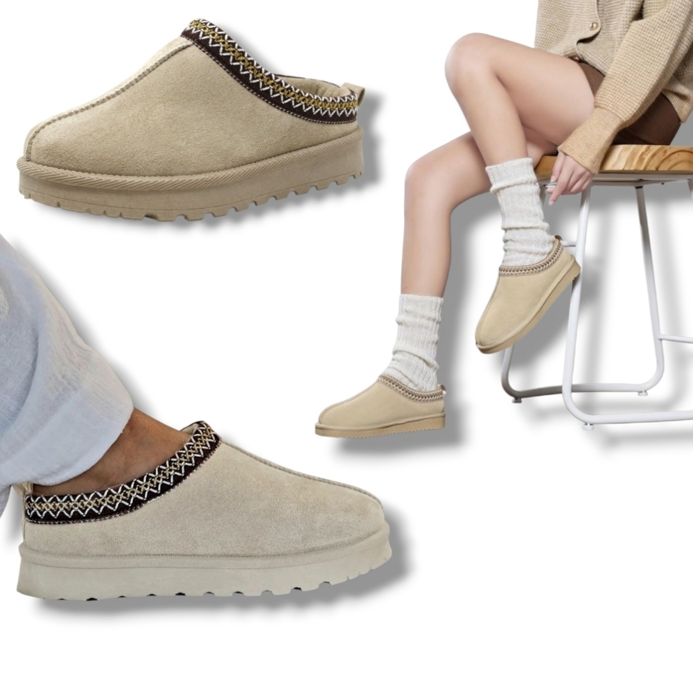 Cushionaire Women's Beige Suede Slip-On Mule Slippers With Embroidered Trims